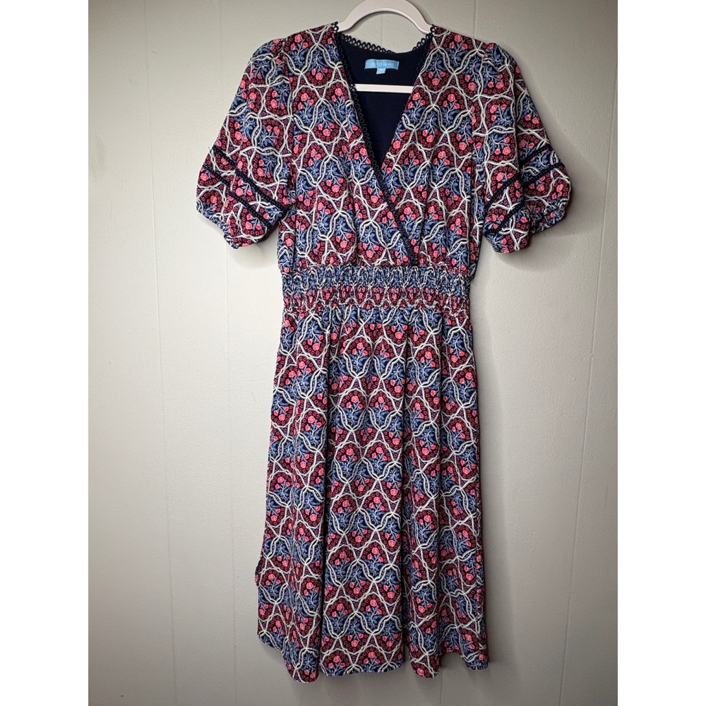 Draper James Womens Floral Trellis Wrap Midi Dress Navy Blue Pink Smocked Size M